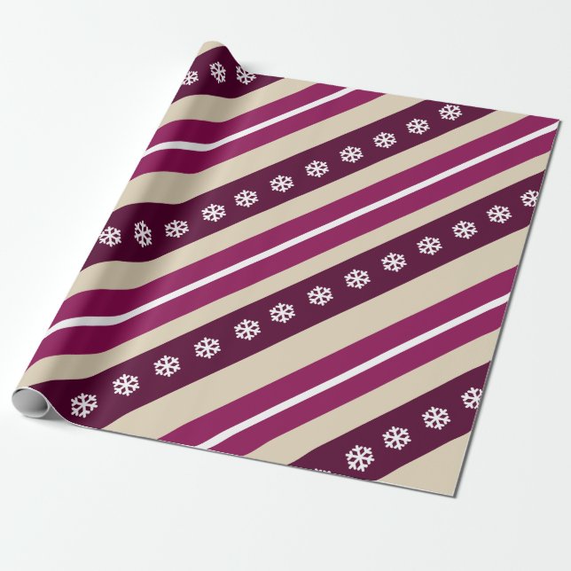 Mulberry Purple Stripes & White Snowflakes Wrapping Paper (Unrolled)