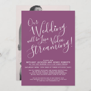 Mulberry purple white photo live streaming wedding invitation