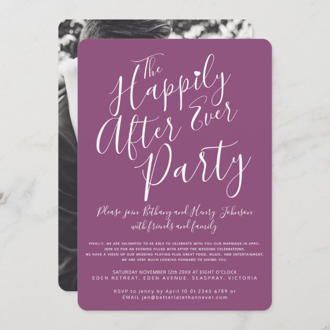 Mulberry white happily ever after wedding party invitation (Front/Back)
