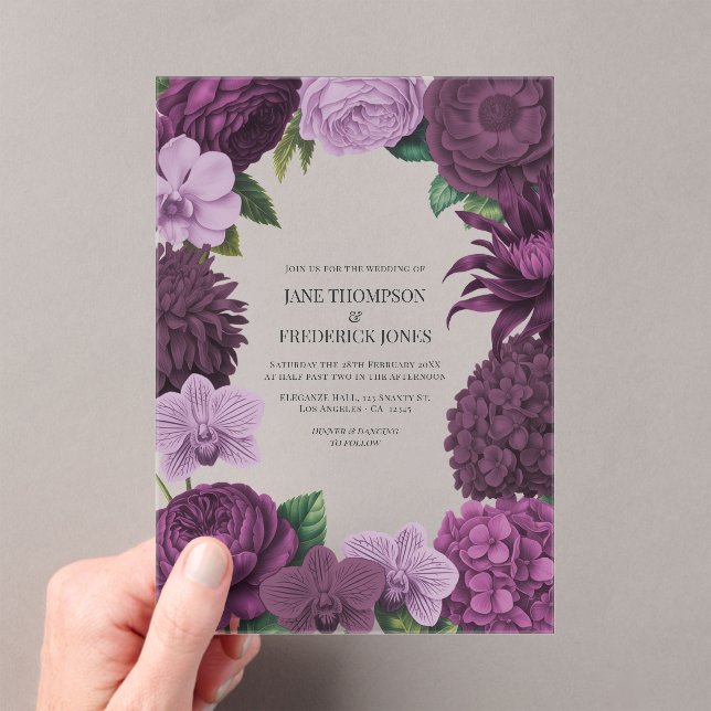 Mulberry Wine, Deep Fig & Dusty Lavender Wedding Acrylic Invitations (Insitu (Handheld))