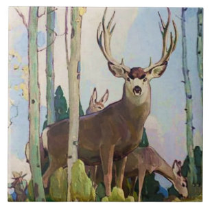 “Mule Deer Buck and Doe” by W Herbert Dunton Ceramic Tile