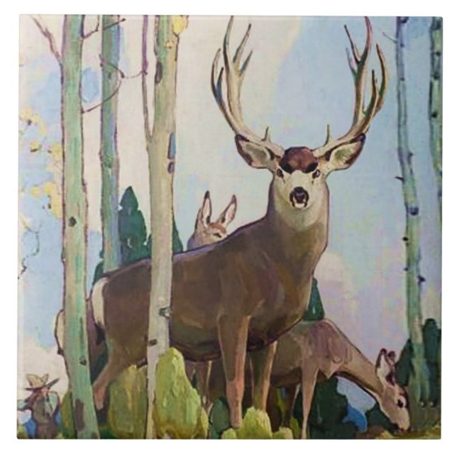 “Mule Deer Buck and Doe” by W Herbert Dunton Ceramic Tile (Front)