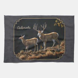 Mule Deer Buck and Doe Grey Custom Tea Towel