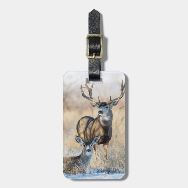 Mule Deer Buck and Doe Luggage Tag (Front Vertical)