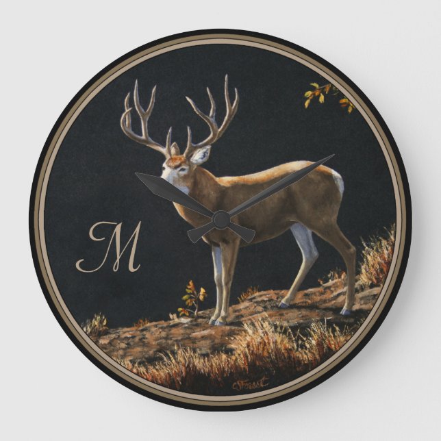 Mule Deer Buck Autumn Trophy Antlers Monogram Large Clock (Front)