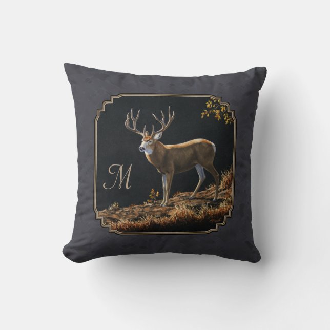 Mule Deer Buck Charcoal Grey Monogram Cushion (Front)