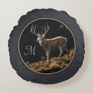 Mule Deer Buck Charcoal Grey Monogram Round Cushion