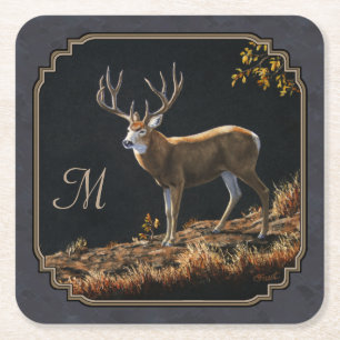 Mule Deer Buck Charcoal Grey Monogram Square Paper Coaster