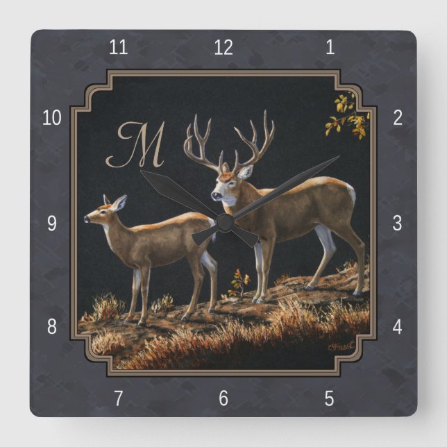 Mule Deer Buck Charcoal Grey Monogram Square Wall Clock (Front)