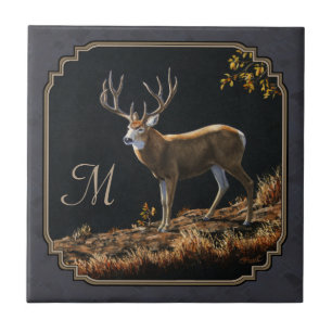 Mule Deer Buck Charcoal Grey Monogram Tile