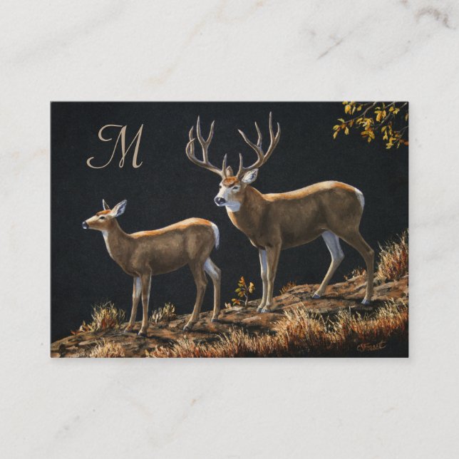 Mule Deer Buck & Doe Monogram Business Card (Front)
