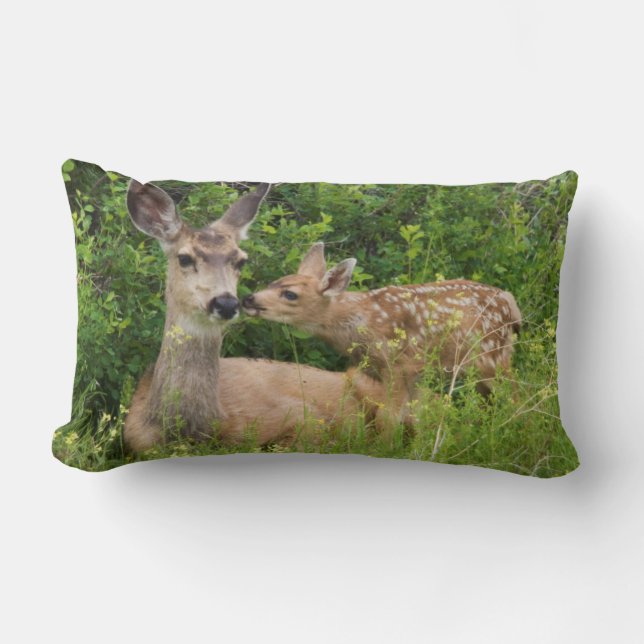 Mule Deer Doe with Fawn Lumbar Cushion (Front)