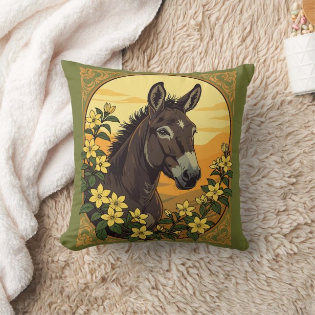 Mule Surrounded By Yellow Jasmine Flowers Cushion (Blanket)