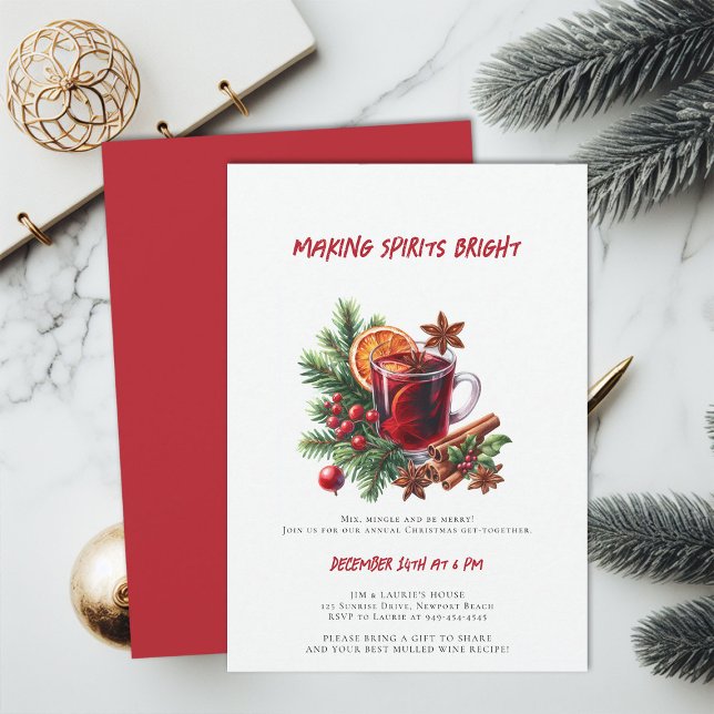 Mulled Wine Making Spirits Bright Christmas Party Invitation (making spirits bright christmas party invitation mulled wine cocktails mixer annual family business)
