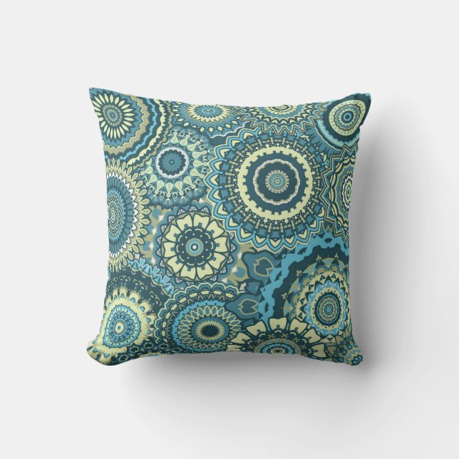 Multi Blue Green Mandalas Cushion (Front)