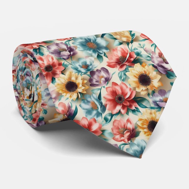 Multi-Color Floral Blend Pattern Tie (Rolled)