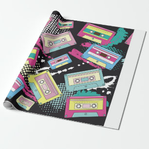 Multi Colored cassettes on a black background seam Wrapping Paper
