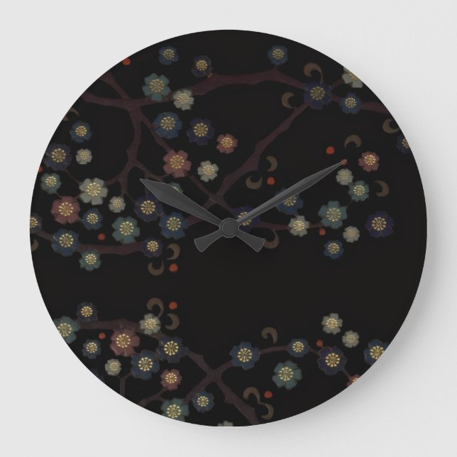 Multi-Colored Flowers On Black Large Clock (Front)