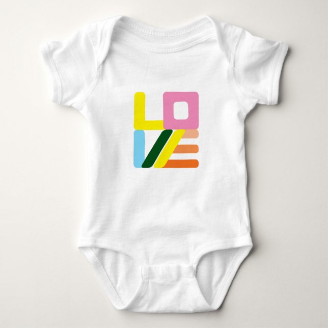 Multi-colored mod LOVE baby one-piece bodysuit (Front)