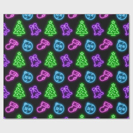 Multi-Colored Neon Christmas on Black Wrapping Paper