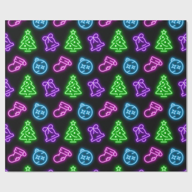 Multi-Colored Neon Christmas on Black Wrapping Paper (Flat)