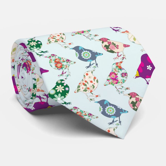 Multi-colour Birds on Light Blue Men's Tie (Rolled)