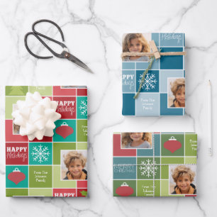 Multi Colour Block Christmas 2 Photo Whimsical Wrapping Paper Sheet