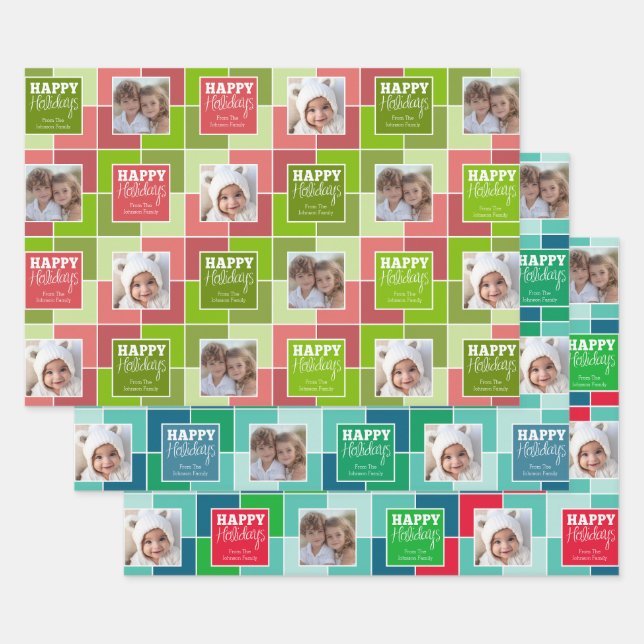 Multi Colour Christmas Photo Whimsical Holiday Wrapping Paper Sheet (Set)