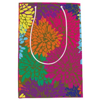 multi colour chrysanthemums on olive wrapping pape medium gift bag