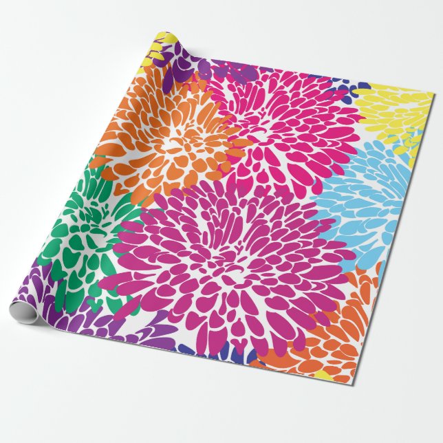 multi colour chrysanthemums on white wrapping pape wrapping paper (Unrolled)