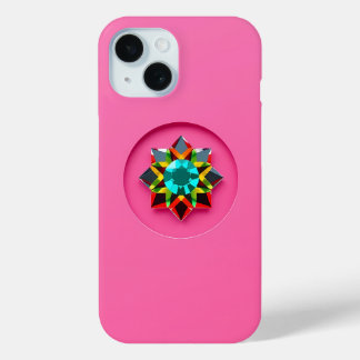 Multi Colour Crystal Motif on Pink iPhone 15 Case