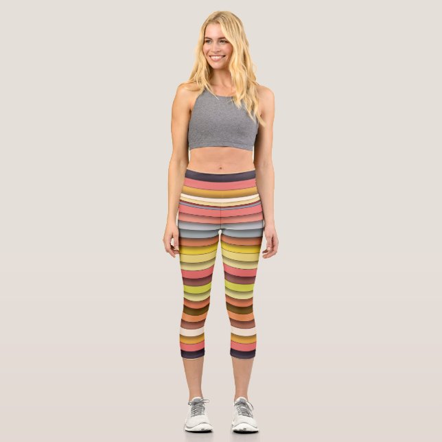 Multi colour geometric simple strip design capri leggings (Front)