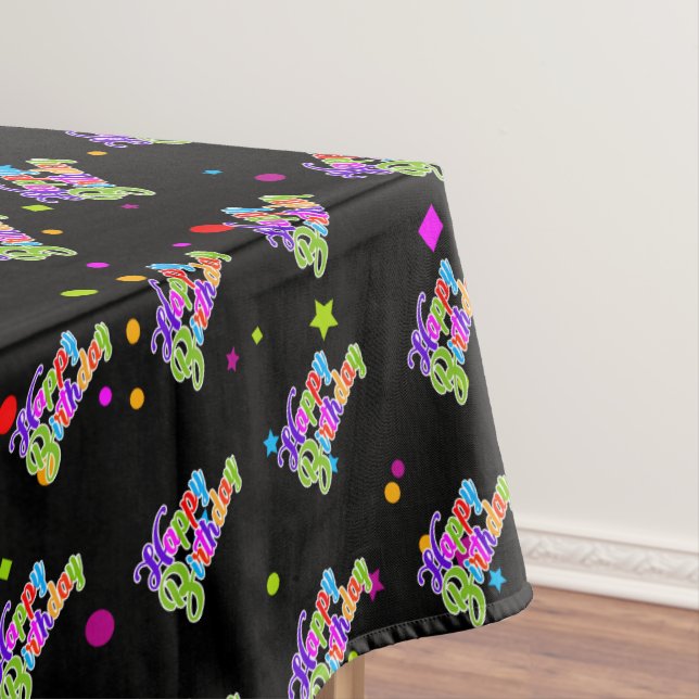 Multi Colour Happy Birthday Graphic on Black Tablecloth (In Situ)