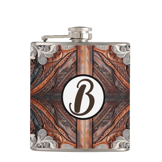 Multi Colour Leather & Elegant Lace Rustic Wedding Hip Flask (Front)