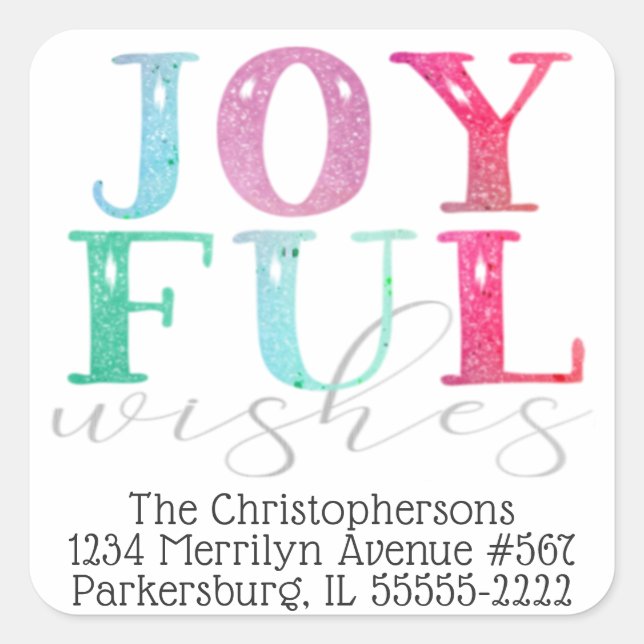 Multi-Colour Pastel JOYFUL WISHES Return Address Square Sticker (Front)