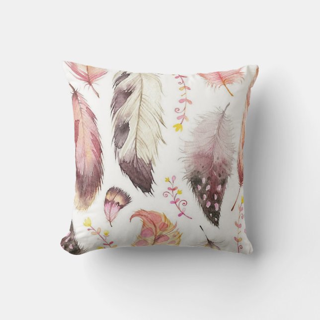 Multi-colour pink/mauve boho feather printed pillo cushion (Front)