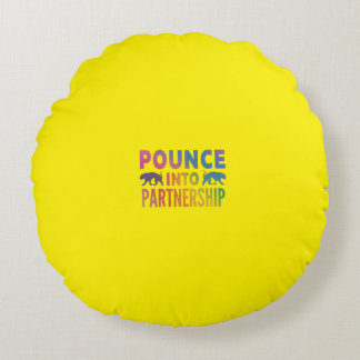 Multi colour "Pounce into Partnership" word print Round Cushion