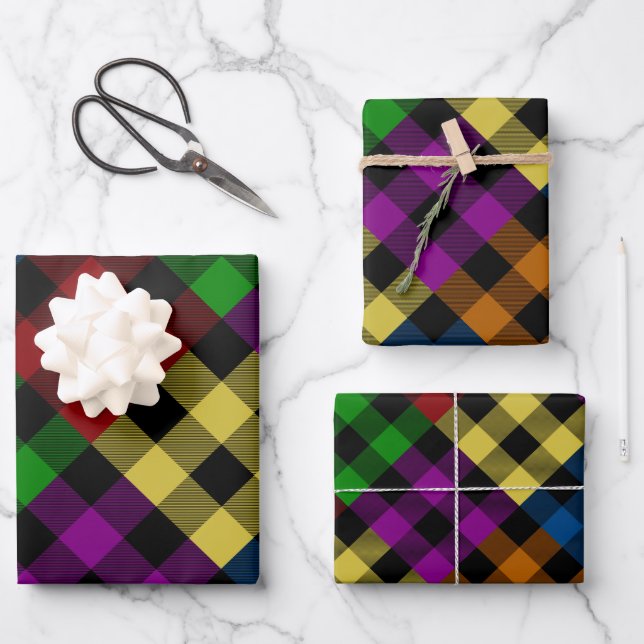 Multi Colour Quilt Buffalo Plaid Holiday Wrapping Paper Sheet (Front)
