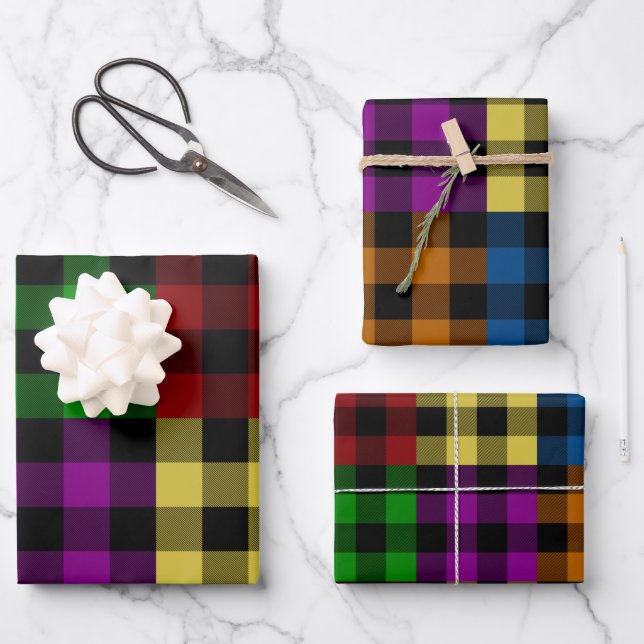 Multi Colour Rainbow Quilt Buffalo Plaid Holiday Wrapping Paper Sheet (Front)
