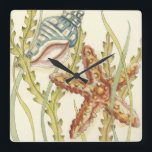 Multi-Colour Shell Party Square Wall Clock<br><div class="desc">Charikilia Zarris is a talented artist know for her ocean artwork. Her images are peaceful and calm relaxing you with every picture. Get this nautical piece of artwork with a starfish and a Conch shell being the centre of it all, bordered with beautiful kelp. This image will look great on...</div>