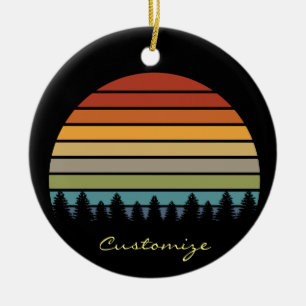 Multi-colour striped sun with trees Thunder_Cove Ceramic Ornament