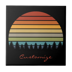 Multi-colour striped sun with trees Thunder_Cove Ceramic Tile