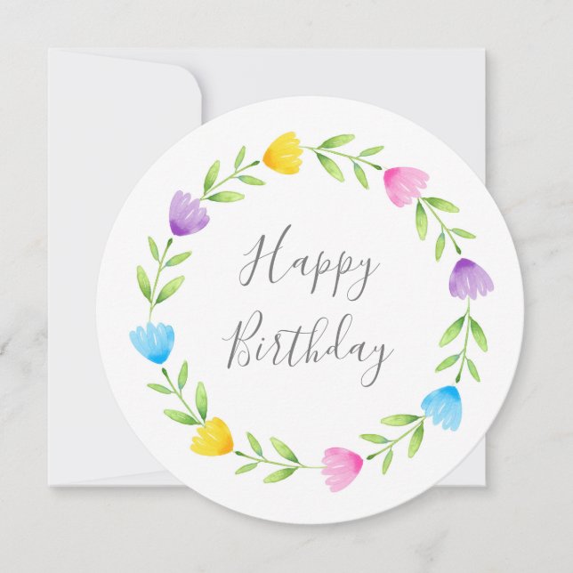 Multi Colour Watercolor Flower Stem Wreath   Card (Front)