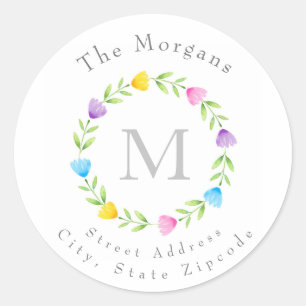 Multi Colour Watercolor Flower Stem Wreath Labels