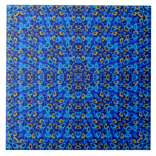 Multi-coloured blue ornament abstract ceramic tile (Front)