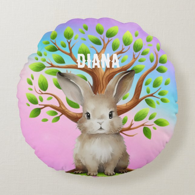 Multi-coloured Bunny Personalised Round Cushion (Front)