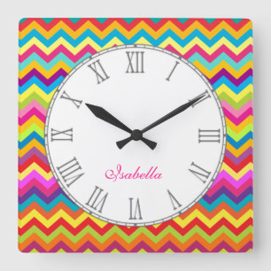 Multi coloured chevron zigzag kids name wall clock