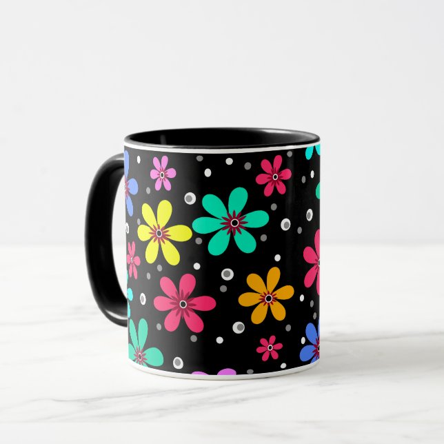Multi-coloured daisies on a black background  mug (Front Left)