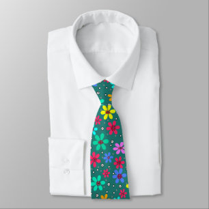 Multi-coloured daisies on a black background tie