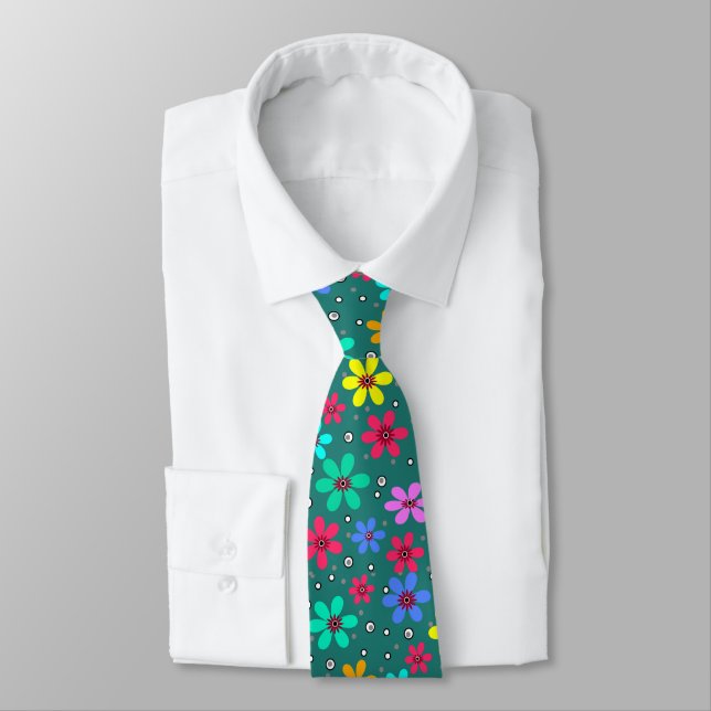 Multi-coloured daisies on a black background  tie (Tied)